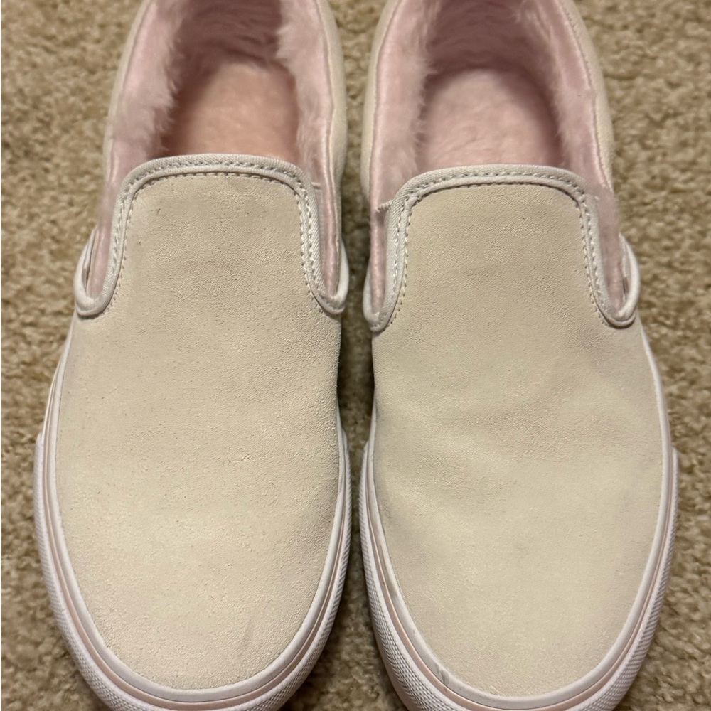 VANS Women's Cream Suede Slip-On Pink Fur Shoes